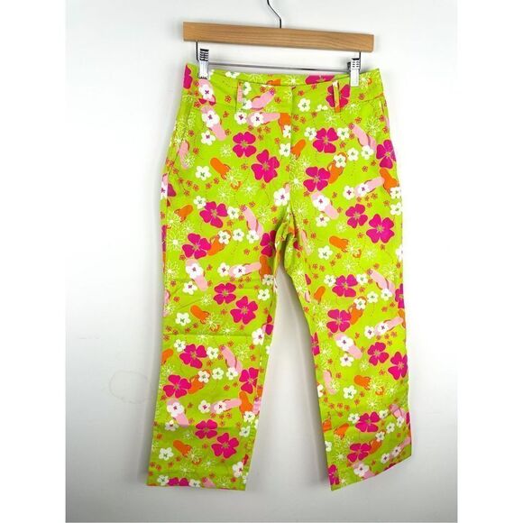 Lilly Pulitzer Bright Floral Hibiscus Flip Flop Cropped Capri Pants Size 4 - Picture 1 of 12